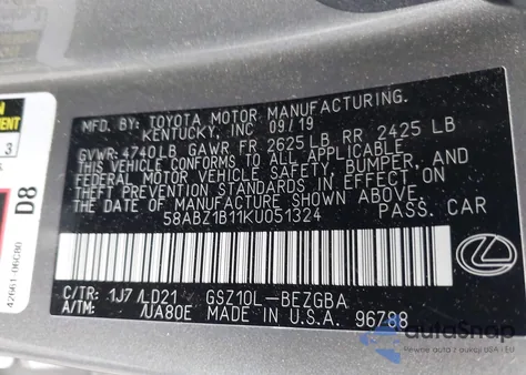 2019 Lexus Es 350 из США, поврежденный, VIN 58ABZ1B11KU051324